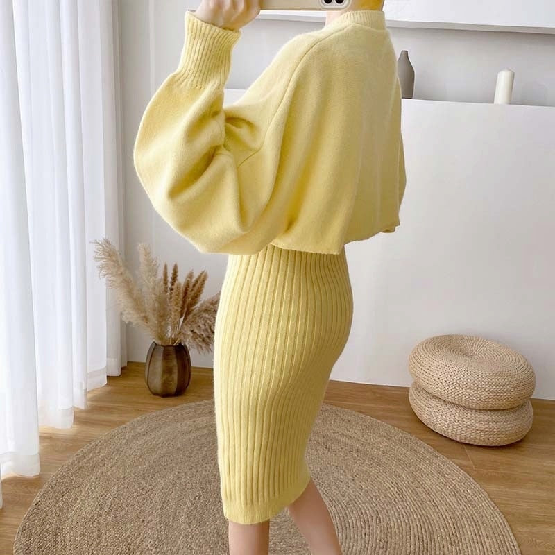 2021 New Arrival Fall/Winter Women's Soft Knitted Bat Sleeve O-Neck Sweater and Long Vest Two-Piece Dress Set