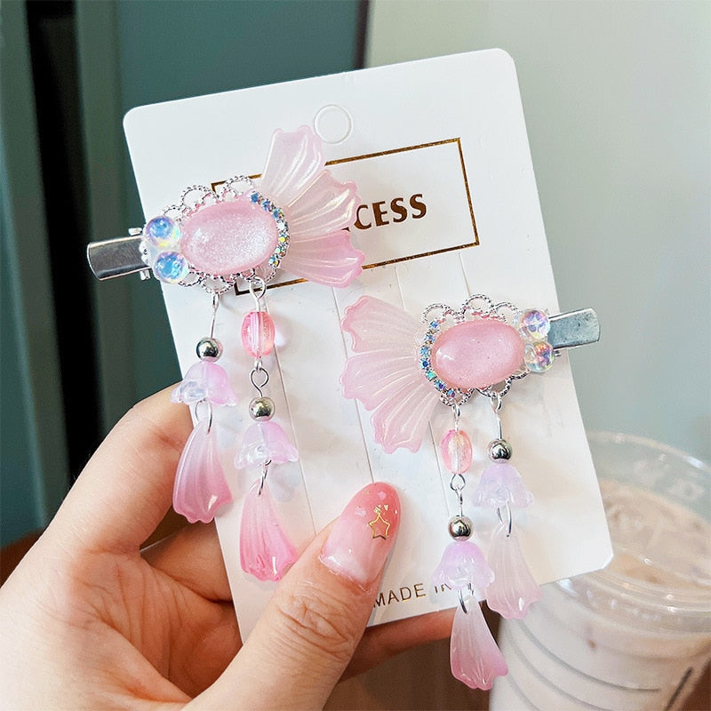 2 Pieces per Set of New Korean-style Yarn-made Elegant Butterfly-shaped Hairpin Flowers with Metal Tassels - Long Hairgrips for Party - A Combo of Fashionable Hair Accessories Hair Clip