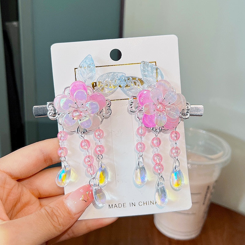 2 Pieces per Set of New Korean-style Yarn-made Elegant Butterfly-shaped Hairpin Flowers with Metal Tassels - Long Hairgrips for Party - A Combo of Fashionable Hair Accessories Hair Clip