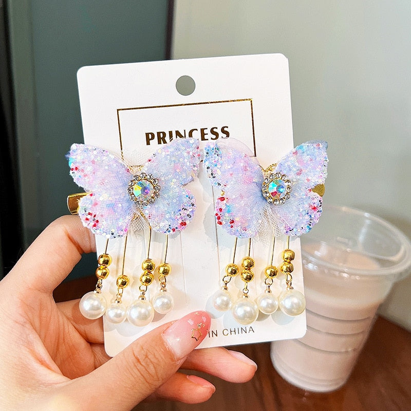 2 Pieces per Set of New Korean-style Yarn-made Elegant Butterfly-shaped Hairpin Flowers with Metal Tassels - Long Hairgrips for Party - A Combo of Fashionable Hair Accessories Hair Clip