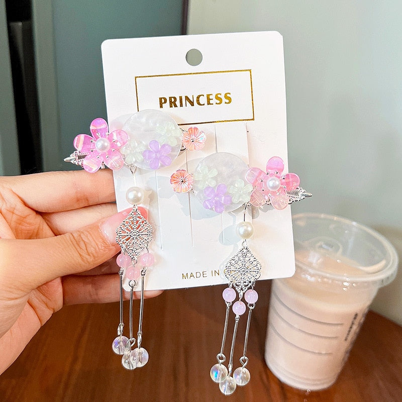2 Pieces per Set of New Korean-style Yarn-made Elegant Butterfly-shaped Hairpin Flowers with Metal Tassels - Long Hairgrips for Party - A Combo of Fashionable Hair Accessories Hair Clip