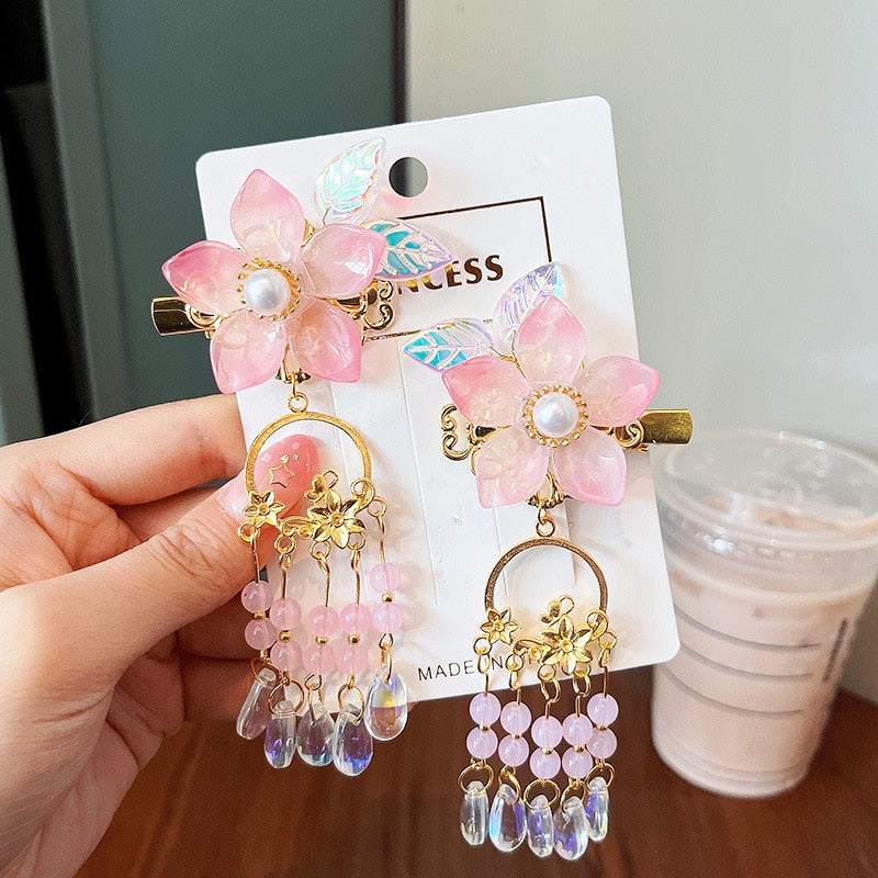 2 Pieces per Set of New Korean-style Yarn-made Elegant Butterfly-shaped Hairpin Flowers with Metal Tassels - Long Hairgrips for Party - A Combo of Fashionable Hair Accessories Hair Clip