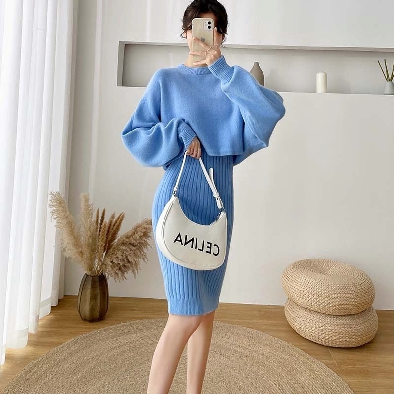 2021 New Arrival Fall/Winter Women's Soft Knitted Bat Sleeve O-Neck Sweater and Long Vest Two-Piece Dress Set