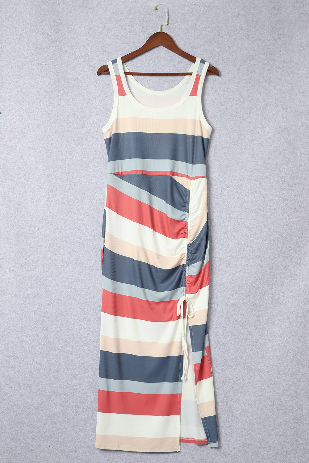 Multicolor Striped Color-Blocked Ribbed Knit Lace-up Slit Tank Dress for Stylish Looks