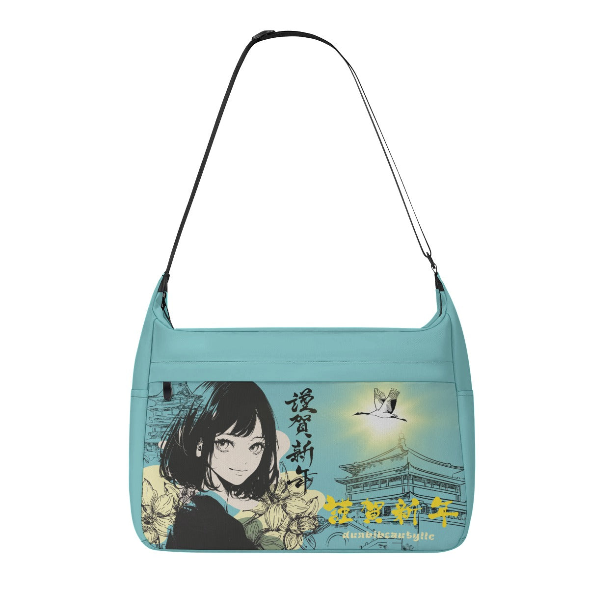 Japanese Style Messenger Bag with Yellow and Blue Colors, Featuring Crane, Architecture, Pretty Girl, Tiger, and Kanji Designs (Designed by Dunbi)