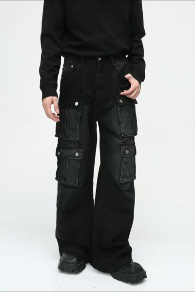 Sturdy Multi-Pocket Wide-Leg Cargo Jeans with Non-Stretch Fabric