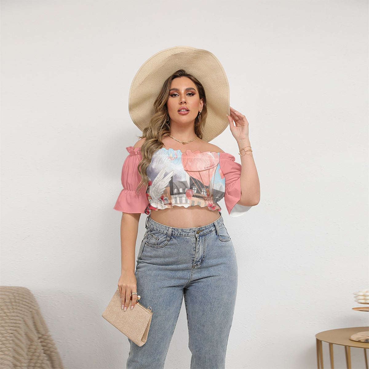 All-Over Printed Women's Off-the-Shoulder Cropped Blouse with Short Puffy Sleeves Featuring a Romantic Scene of Love in a Hot Air Balloon over Paris with the Eiffel Tower, Doves, Flowers, a Girl, the Sky, and Hearts (Designed by Dunbi)