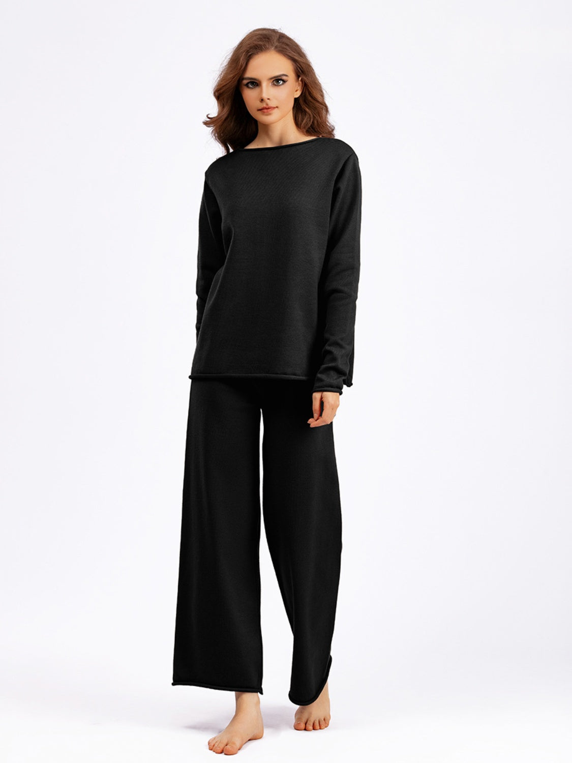 Fashionable Acrylic Rolled Round Neck Sweater Top and Pants Two - Piece Set