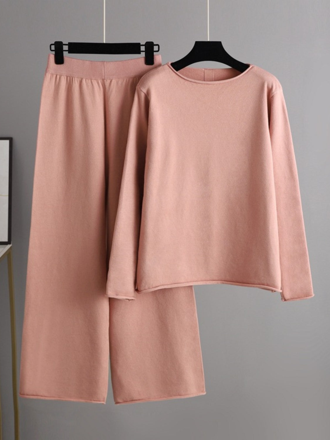 Fashionable Acrylic Rolled Round Neck Sweater Top and Pants Two - Piece Set
