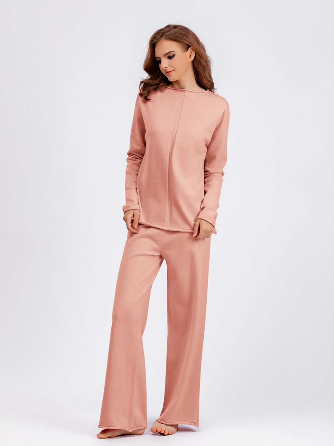 Fashionable Acrylic Rolled Round Neck Sweater Top and Pants Two - Piece Set
