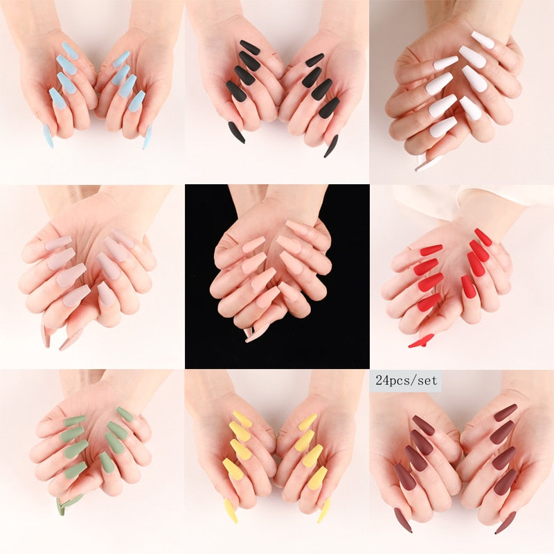 24 - piece Set of Long, Sensually Designed False Nail Extensions in White, Red, Blue, and Black for Stylish Ladies - Press - On and Removable Nail Art Decorations