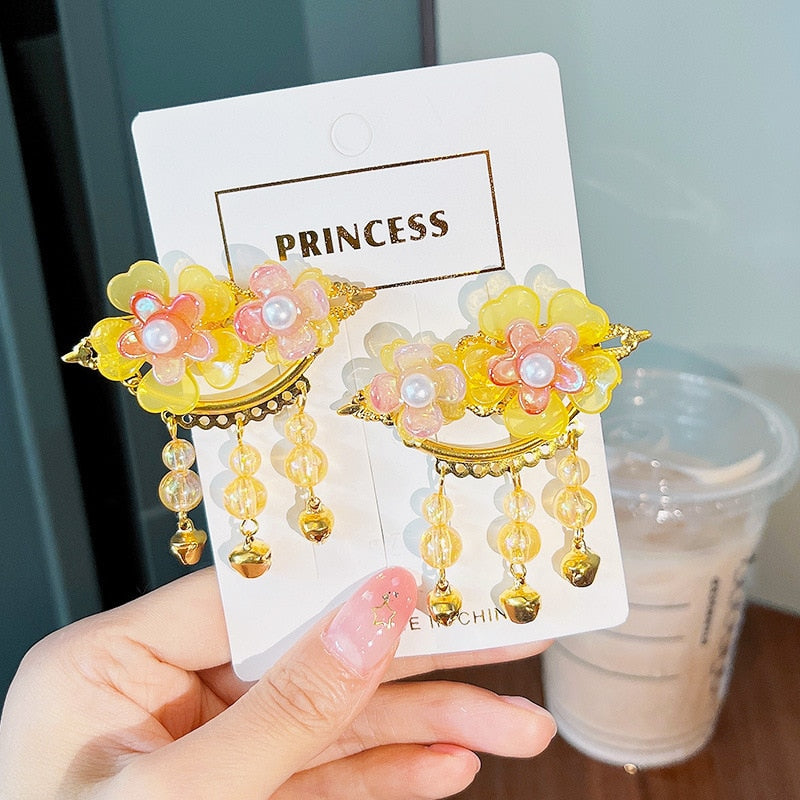 2 Pieces per Set of New Korean-style Yarn-made Elegant Butterfly-shaped Hairpin Flowers with Metal Tassels - Long Hairgrips for Party - A Combo of Fashionable Hair Accessories Hair Clip