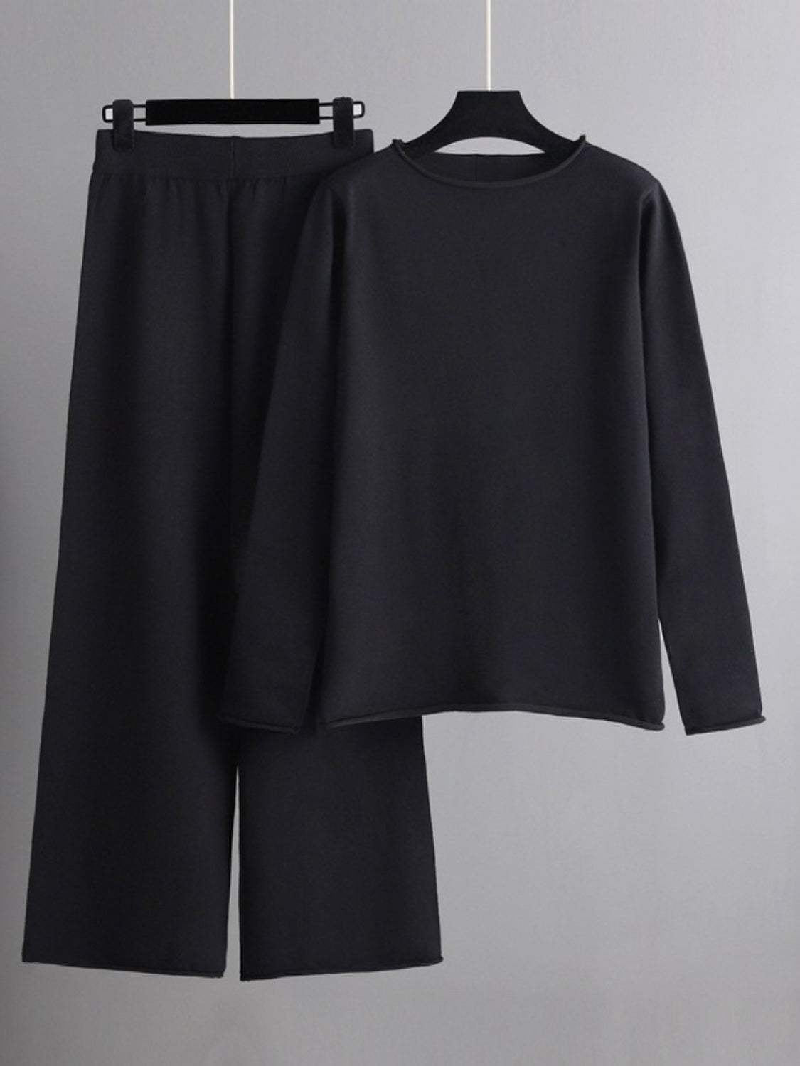 Fashionable Acrylic Rolled Round Neck Sweater Top and Pants Two - Piece Set