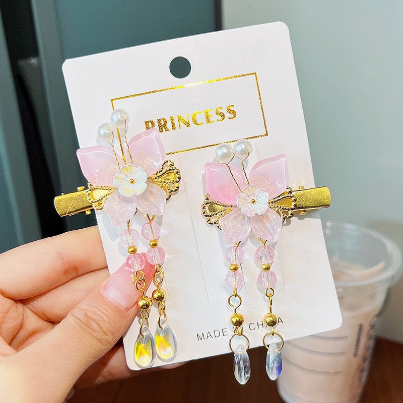 2 Pieces per Set of New Korean-style Yarn-made Elegant Butterfly-shaped Hairpin Flowers with Metal Tassels - Long Hairgrips for Party - A Combo of Fashionable Hair Accessories Hair Clip
