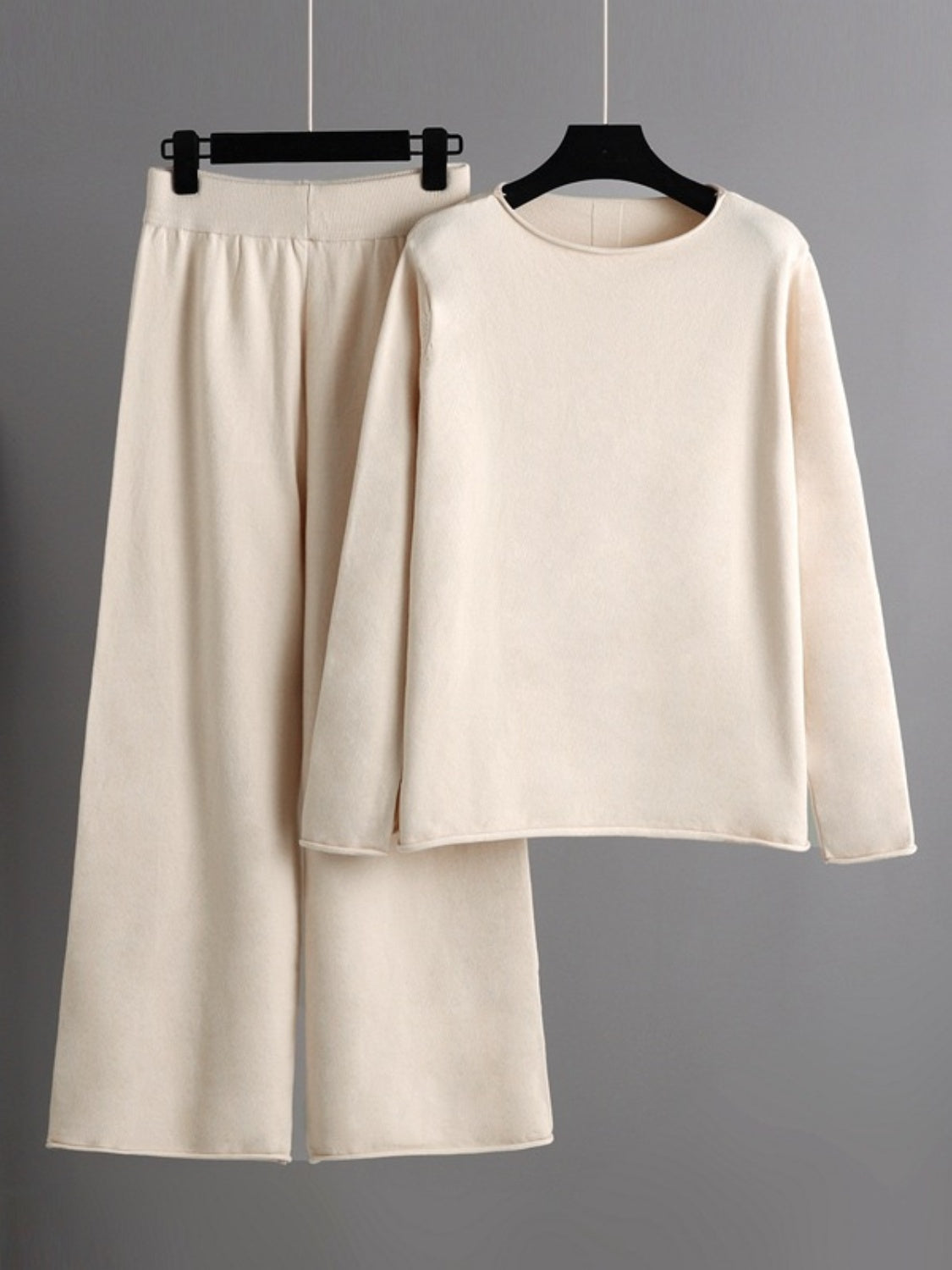 Fashionable Acrylic Rolled Round Neck Sweater Top and Pants Two - Piece Set