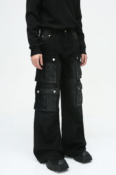 Sturdy Multi-Pocket Wide-Leg Cargo Jeans with Non-Stretch Fabric