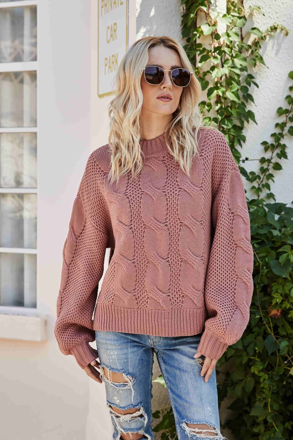Casual Mixed Knit Round Neck Crewneck Sweater with Dropped Shoulders