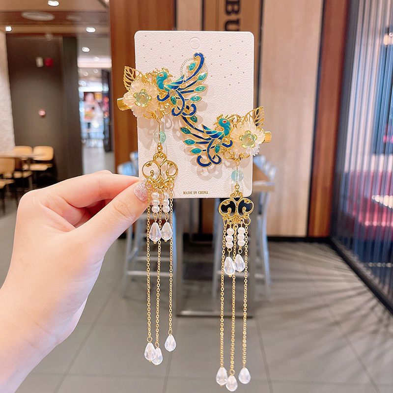 2 Pieces per Set of New Korean-style Yarn-made Elegant Butterfly-shaped Hairpin Flowers with Metal Tassels - Long Hairgrips for Party - A Combo of Fashionable Hair Accessories Hair Clip