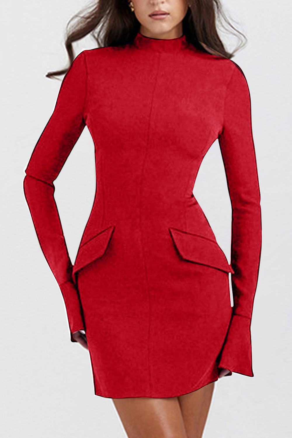 Opaque Slightly Stretchy Mock Neck Long Sleeve Mini Dress