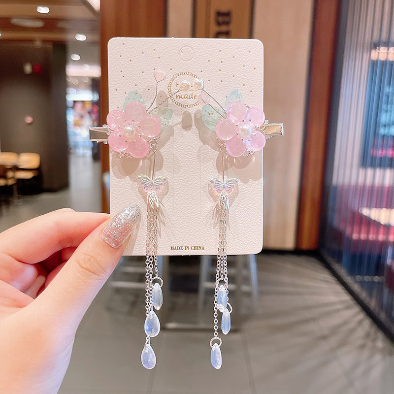 2 Pieces per Set of New Korean-style Yarn-made Elegant Butterfly-shaped Hairpin Flowers with Metal Tassels - Long Hairgrips for Party - A Combo of Fashionable Hair Accessories Hair Clip