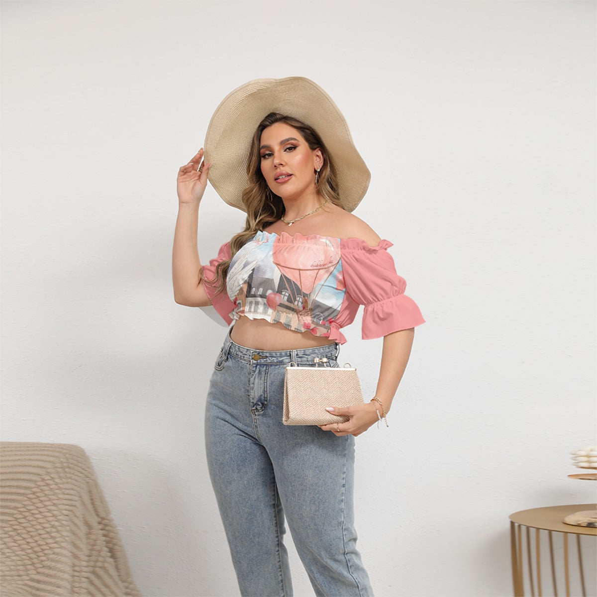 All-Over Printed Women's Off-the-Shoulder Cropped Blouse with Short Puffy Sleeves Featuring a Romantic Scene of Love in a Hot Air Balloon over Paris with the Eiffel Tower, Doves, Flowers, a Girl, the Sky, and Hearts (Designed by Dunbi)