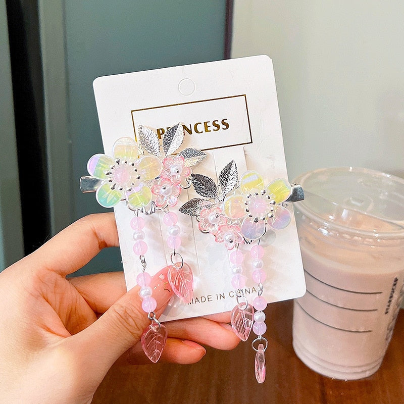 2 Pieces per Set of New Korean-style Yarn-made Elegant Butterfly-shaped Hairpin Flowers with Metal Tassels - Long Hairgrips for Party - A Combo of Fashionable Hair Accessories Hair Clip