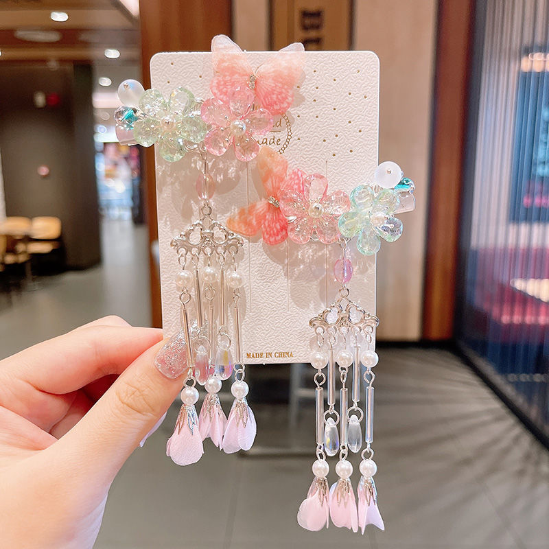 2 Pieces per Set of New Korean-style Yarn-made Elegant Butterfly-shaped Hairpin Flowers with Metal Tassels - Long Hairgrips for Party - A Combo of Fashionable Hair Accessories Hair Clip