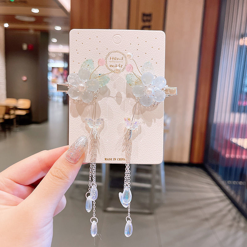 2 Pieces per Set of New Korean-style Yarn-made Elegant Butterfly-shaped Hairpin Flowers with Metal Tassels - Long Hairgrips for Party - A Combo of Fashionable Hair Accessories Hair Clip