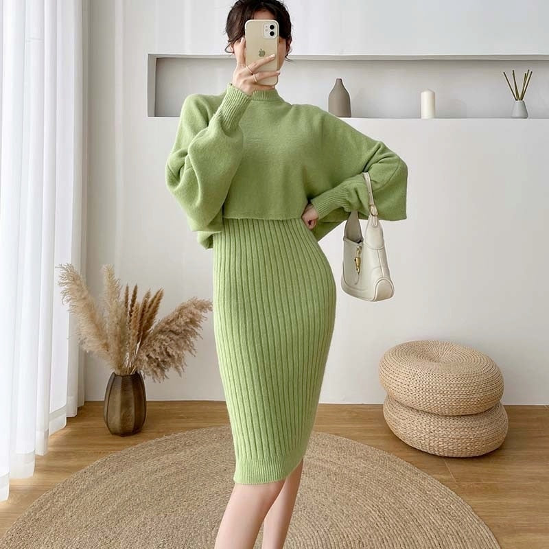2021 New Arrival Fall/Winter Women's Soft Knitted Bat Sleeve O-Neck Sweater and Long Vest Two-Piece Dress Set