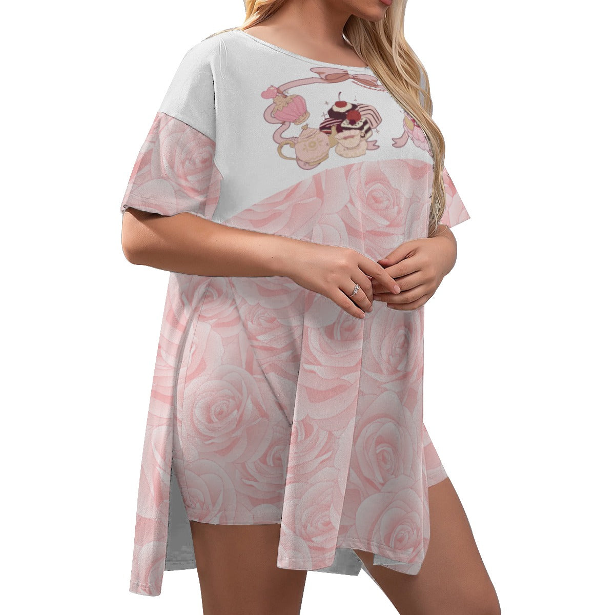 Stylish All-Over Print Women's Plus Size Drop-Shoulder T-Shirt with Side Split and Shorts Featuring Cute Teddy Bear, Tea Party, Ribbon, Bows, Cakes, Victorian Doll, Pink Roses Design