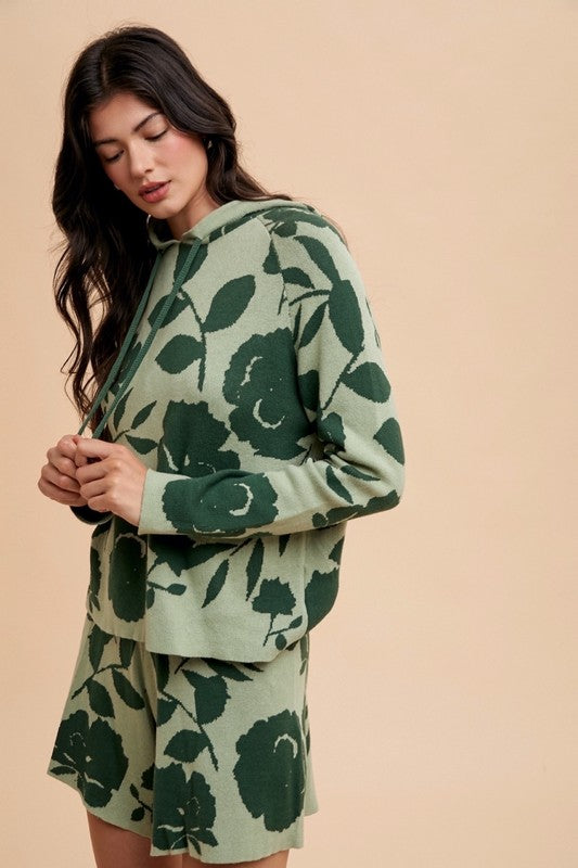 Annie Wear Fashionable Flower Pattern Drawstring Hooded Sweater Top and Matching Shorts Set for Casual Wear