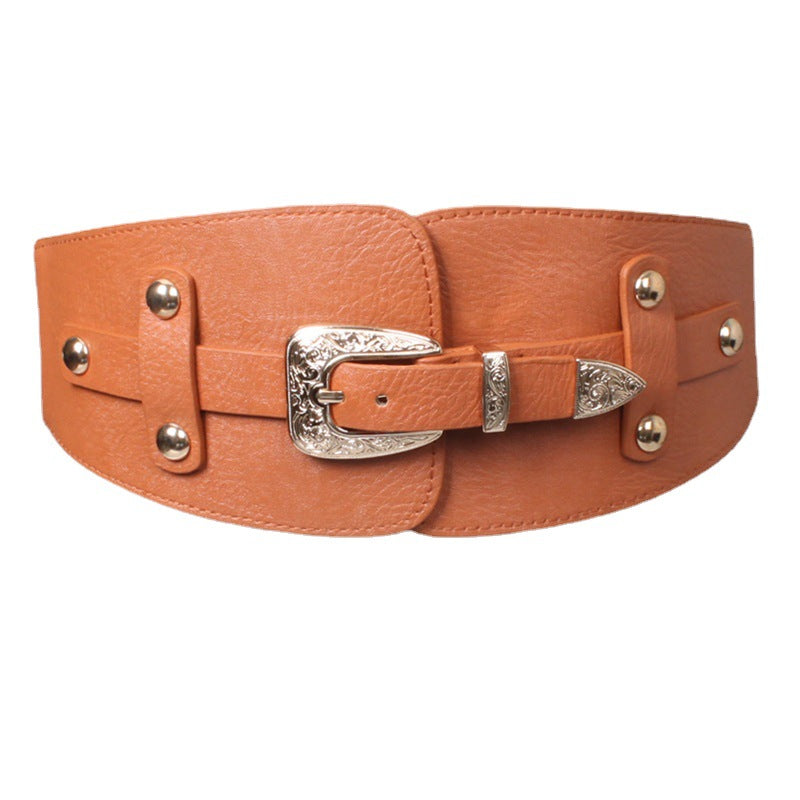 Elastic Waist Belt with Metal Engraved Pin Buckle for Women