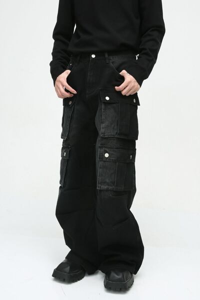 Sturdy Multi-Pocket Wide-Leg Cargo Jeans with Non-Stretch Fabric