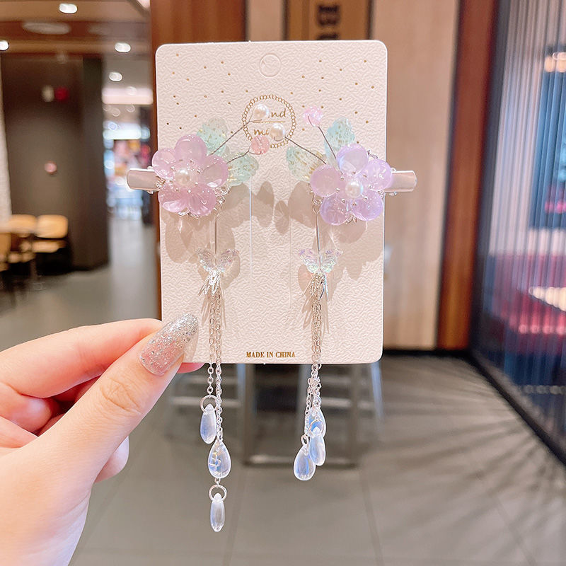 2 Pieces per Set of New Korean-style Yarn-made Elegant Butterfly-shaped Hairpin Flowers with Metal Tassels - Long Hairgrips for Party - A Combo of Fashionable Hair Accessories Hair Clip