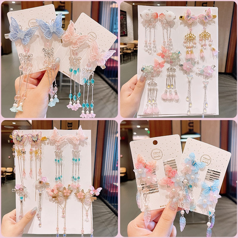 2 Pieces per Set of New Korean-style Yarn-made Elegant Butterfly-shaped Hairpin Flowers with Metal Tassels - Long Hairgrips for Party - A Combo of Fashionable Hair Accessories Hair Clip