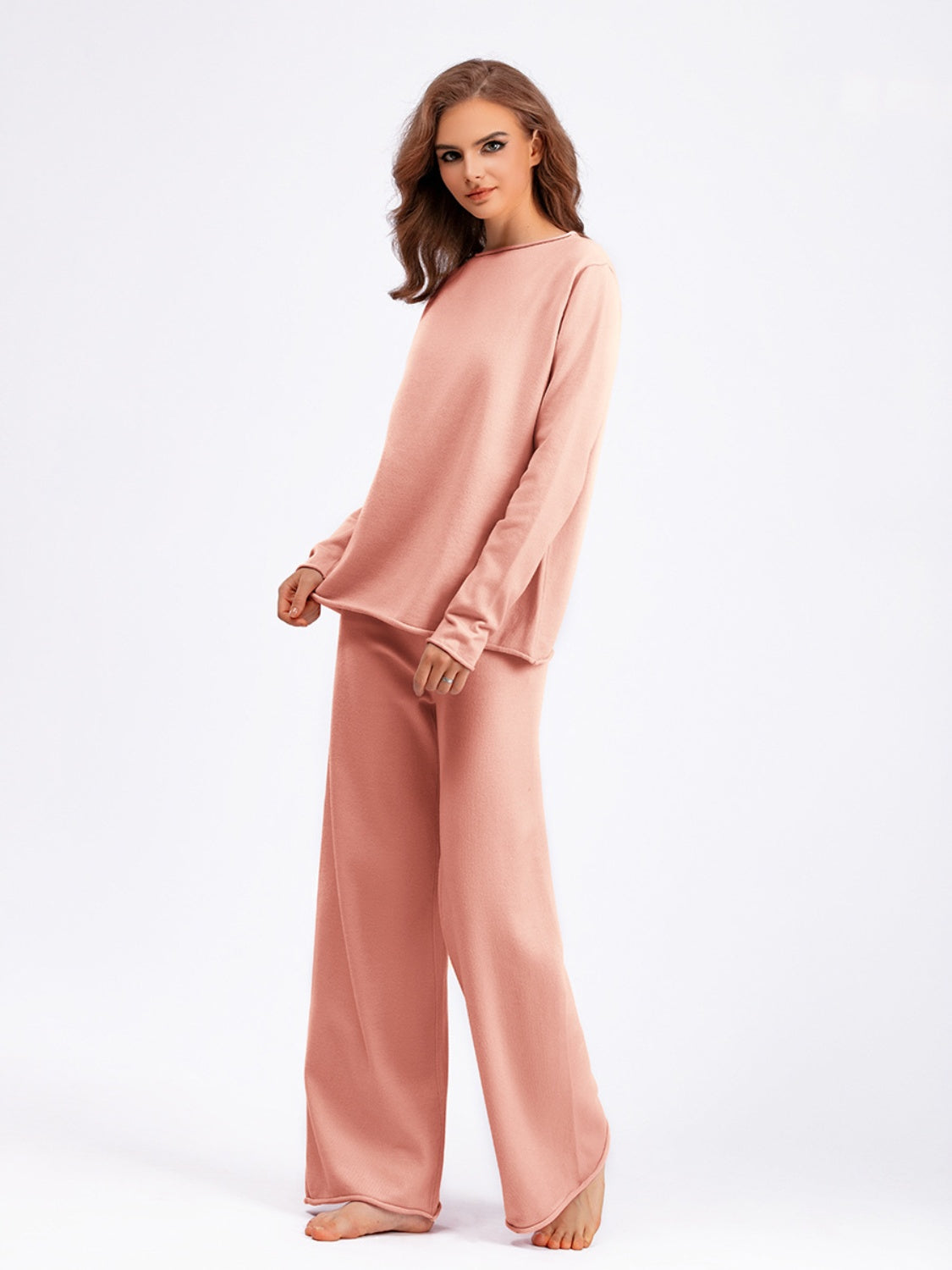 Fashionable Acrylic Rolled Round Neck Sweater Top and Pants Two - Piece Set