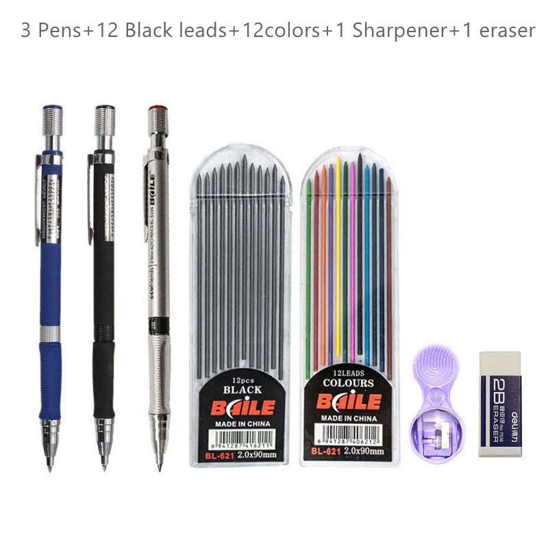 High - Quality 2.0mm Mechanical Pencil Set with 2B Color and Black Lead Refills for Draft Drawing, Writing, Crafting, and Art Sketching
