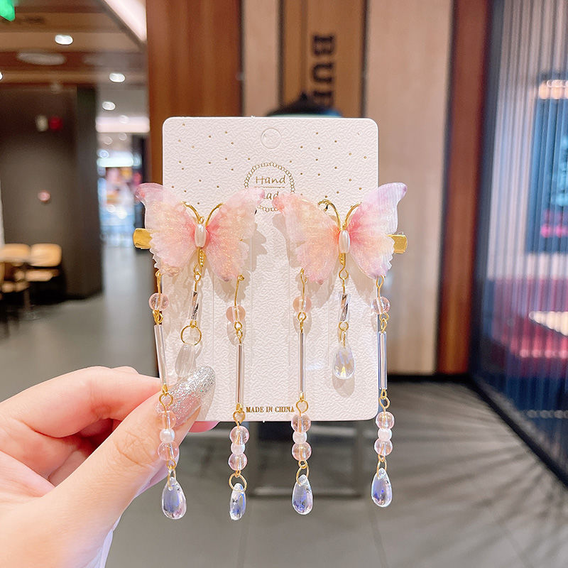 2 Pieces per Set of New Korean-style Yarn-made Elegant Butterfly-shaped Hairpin Flowers with Metal Tassels - Long Hairgrips for Party - A Combo of Fashionable Hair Accessories Hair Clip