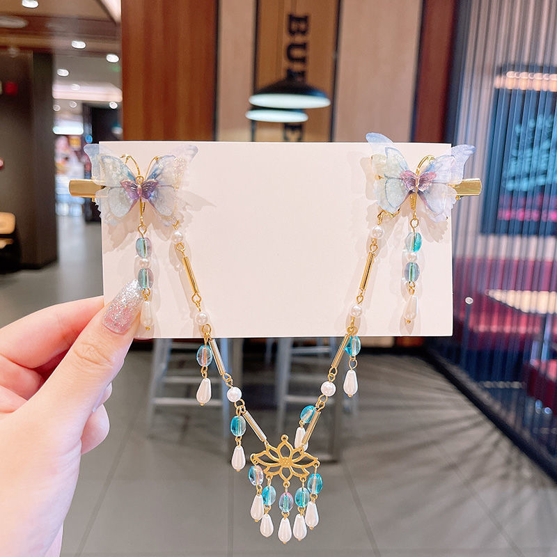 2 Pieces per Set of New Korean-style Yarn-made Elegant Butterfly-shaped Hairpin Flowers with Metal Tassels - Long Hairgrips for Party - A Combo of Fashionable Hair Accessories Hair Clip