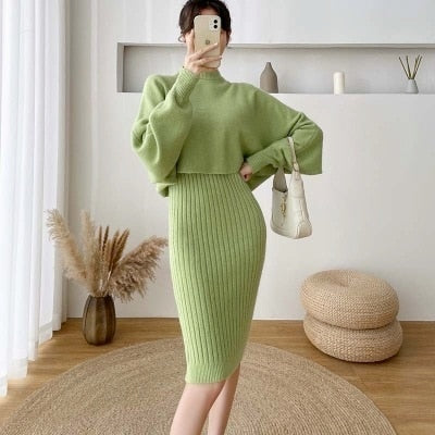 2021 New Arrival Fall/Winter Women's Soft Knitted Bat Sleeve O-Neck Sweater and Long Vest Two-Piece Dress Set