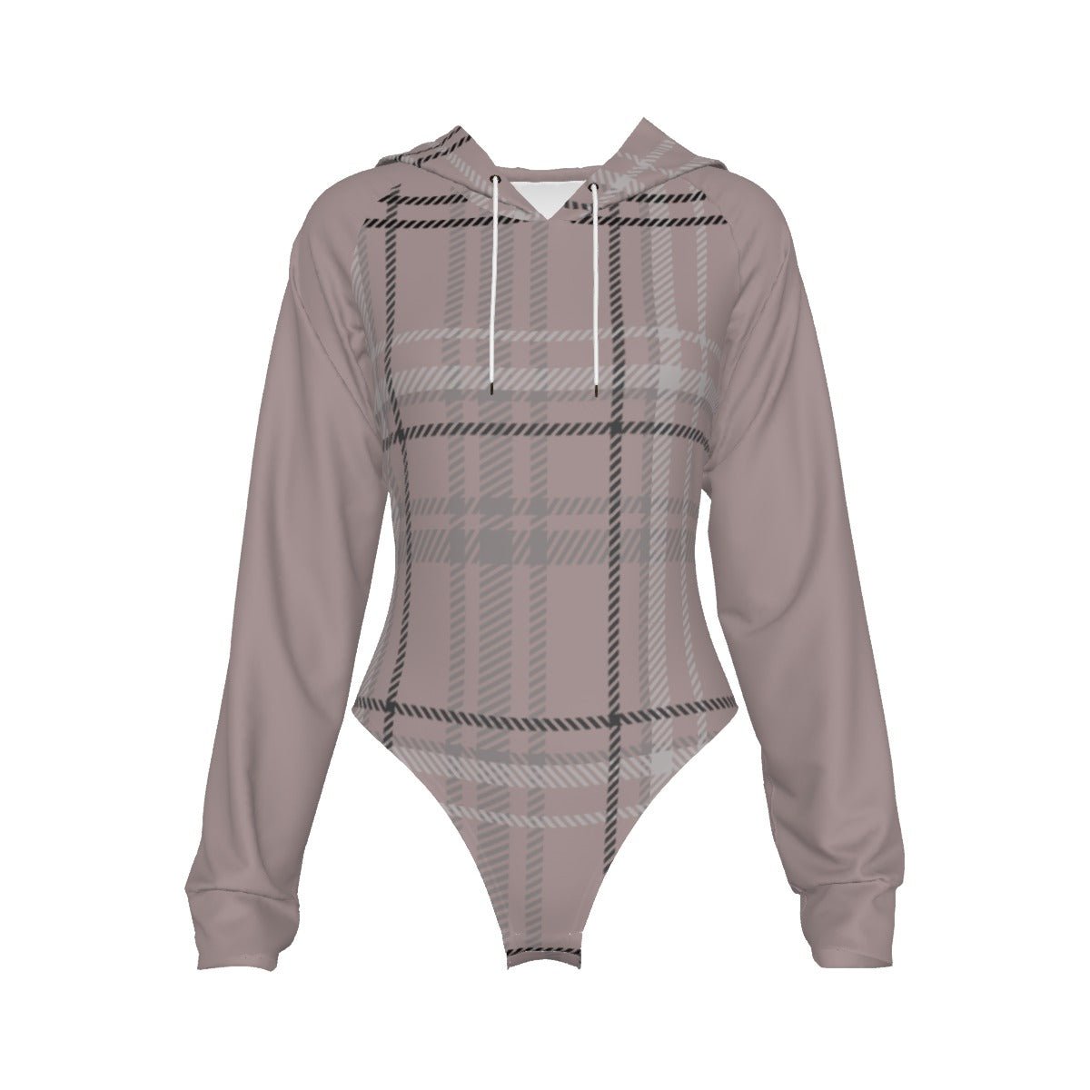 Antique Rose Plaid Women's All-Over Print Raglan Sleeve Hooded Bodysuit by Dunbi