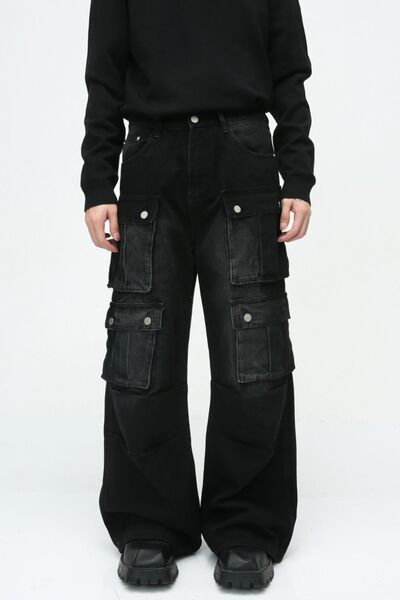 Sturdy Multi-Pocket Wide-Leg Cargo Jeans with Non-Stretch Fabric