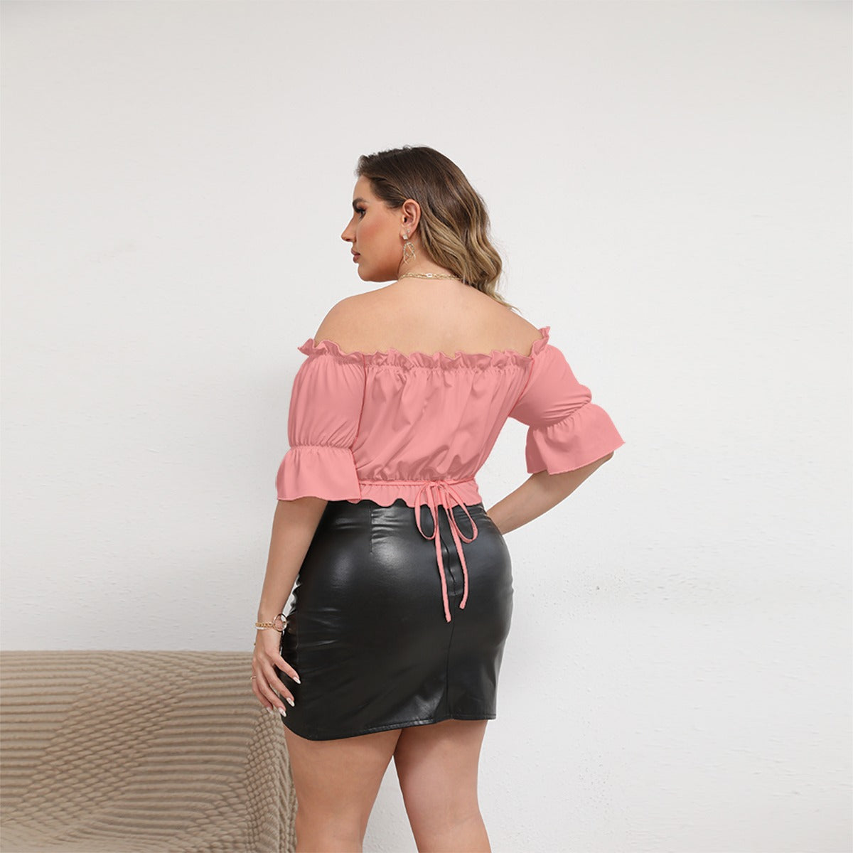 All-Over Printed Women's Off-the-Shoulder Cropped Blouse with Short Puffy Sleeves Featuring a Romantic Scene of Love in a Hot Air Balloon over Paris with the Eiffel Tower, Doves, Flowers, a Girl, the Sky, and Hearts (Designed by Dunbi)