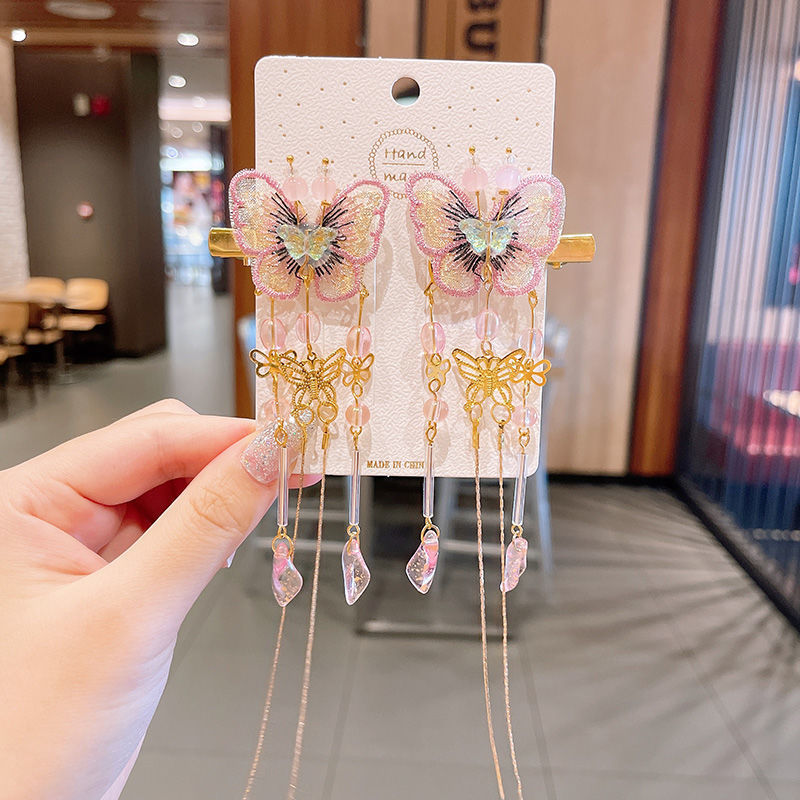 2 Pieces per Set of New Korean-style Yarn-made Elegant Butterfly-shaped Hairpin Flowers with Metal Tassels - Long Hairgrips for Party - A Combo of Fashionable Hair Accessories Hair Clip