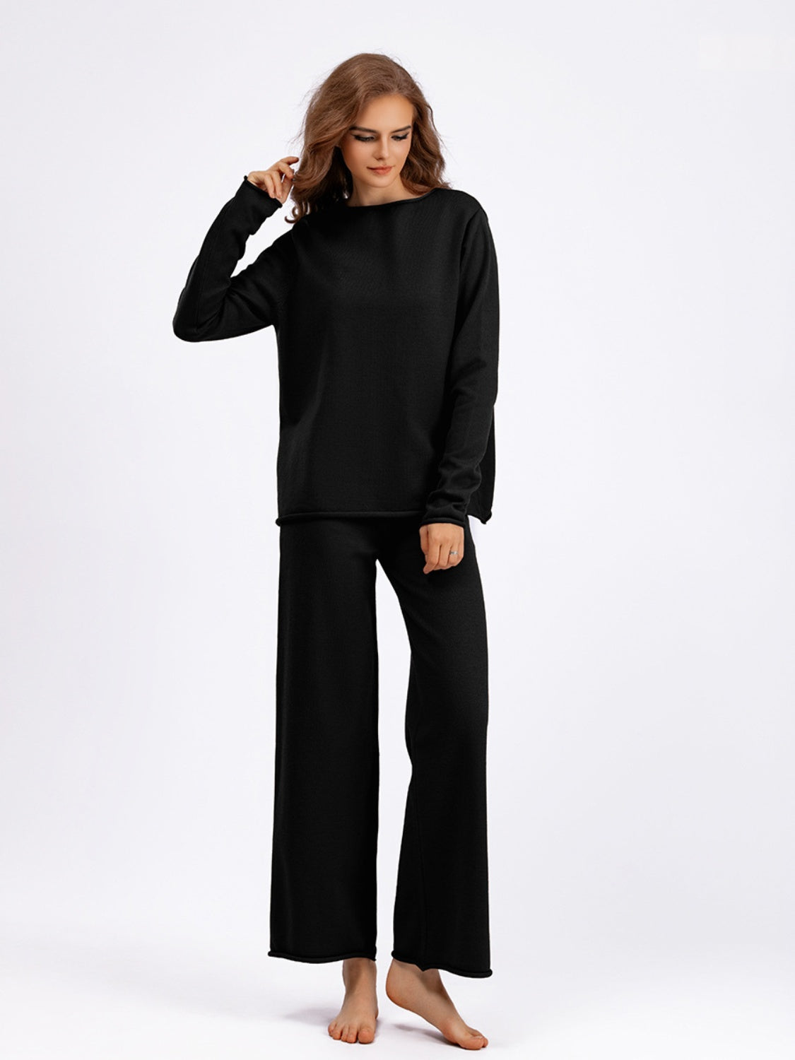 Fashionable Acrylic Rolled Round Neck Sweater Top and Pants Two - Piece Set