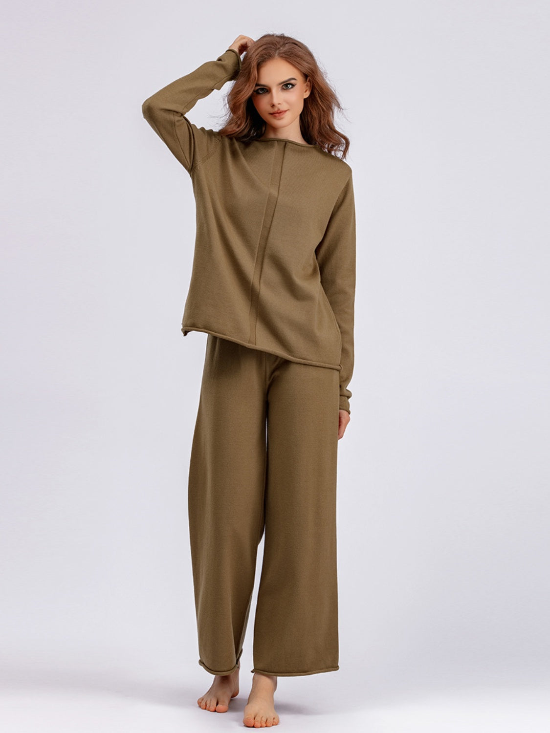 Fashionable Acrylic Rolled Round Neck Sweater Top and Pants Two - Piece Set
