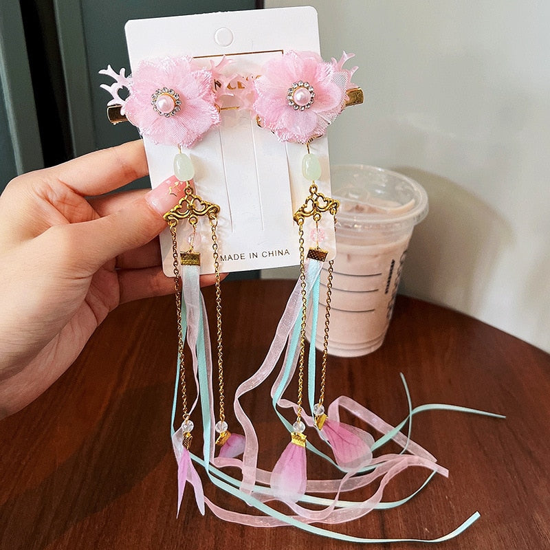 2 Pieces per Set of New Korean-style Yarn-made Elegant Butterfly-shaped Hairpin Flowers with Metal Tassels - Long Hairgrips for Party - A Combo of Fashionable Hair Accessories Hair Clip