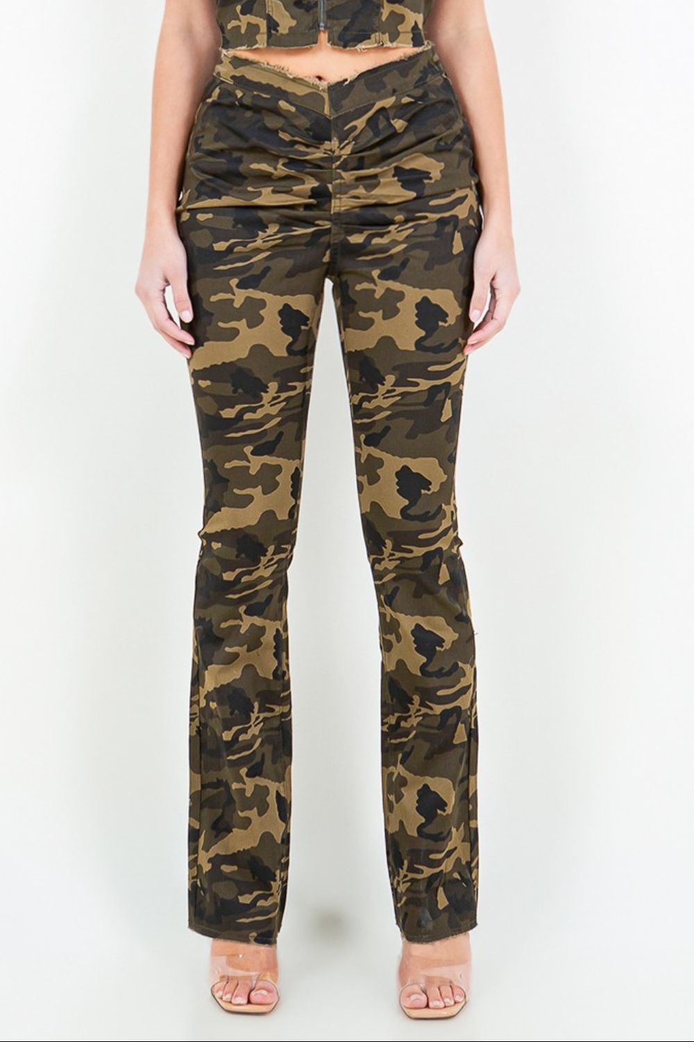Stylish American V-Cut Ruched Camouflage Flare Cotton Pants