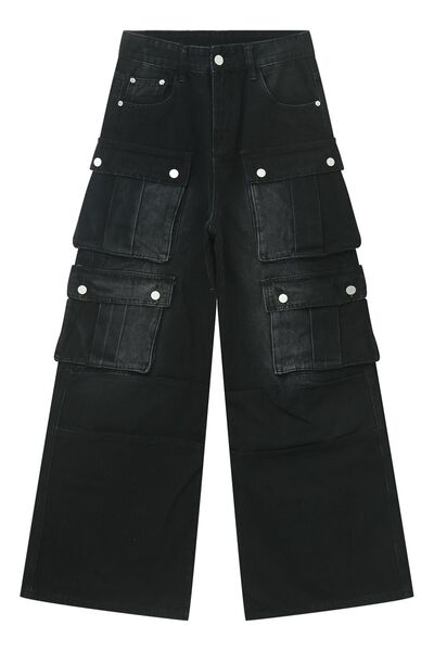 Sturdy Multi-Pocket Wide-Leg Cargo Jeans with Non-Stretch Fabric