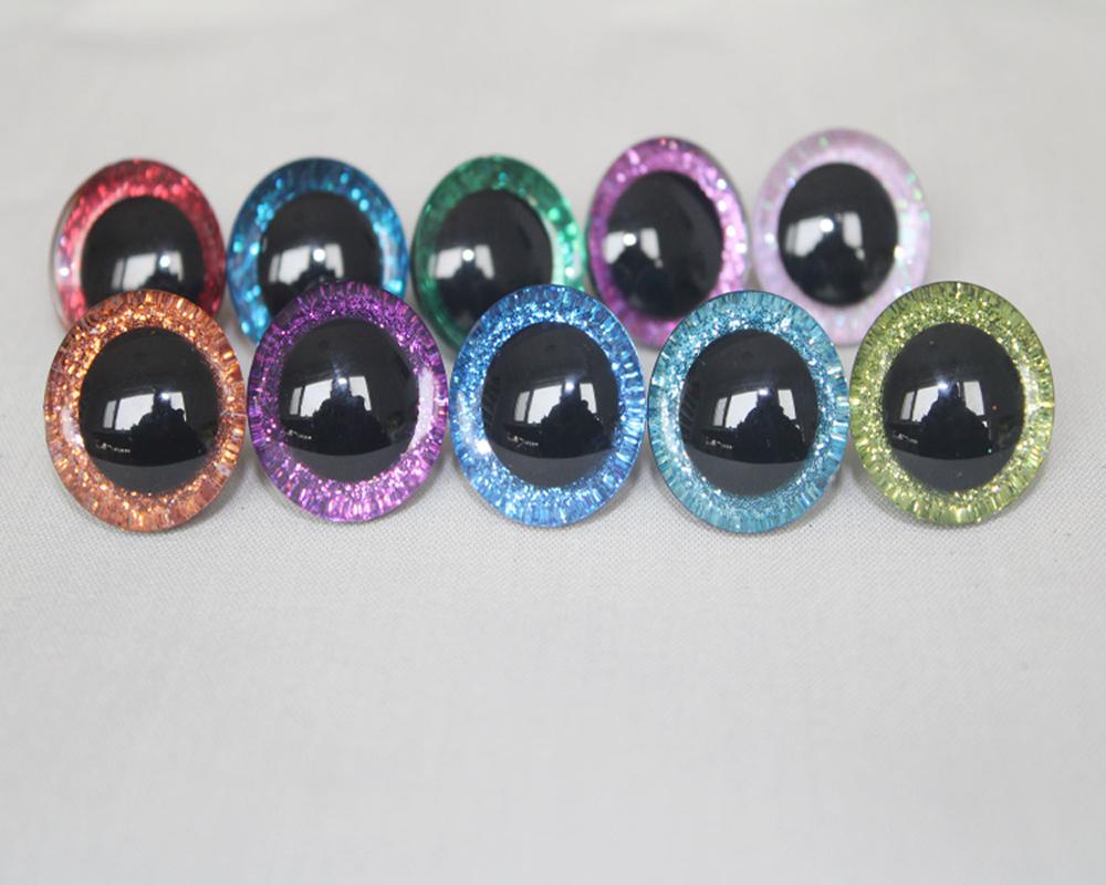 20 Pieces of 3D Glitter Plastic Safety Toy Eyes for Dolls in Various Sizes (9mm, 12mm, 14mm, 16mm, 18mm, 20mm, 24mm, 30mm, 35mm) with Long Stem, Glitter Fabric and Washer